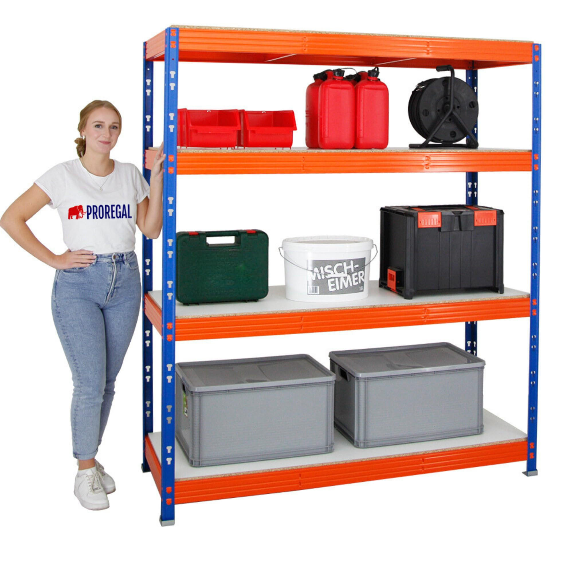 SCHWERLASTREGAL Rhino 180x160x60 cm 4 Melamin-Ebenen 16mm Fachlast 500 kg Blau/Orange - Blau/Orange, Metall (160/180/60cm) - PROREGAL