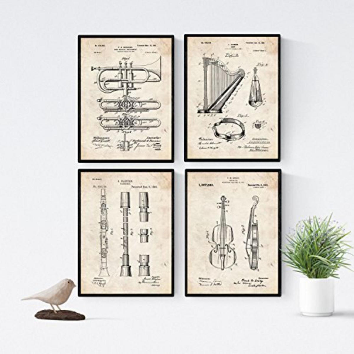 POSTER Set mit 4 Jahrgang Orchester Instrumenten Patenten A4 Rahmenlos - Klar, Papier (29.7/3cm) - Nacnic