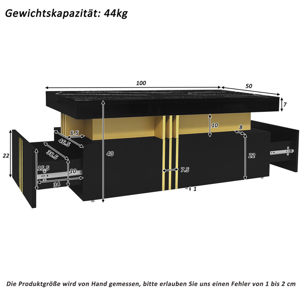 COUCHTISCH 100x50cm Schwarz Hochglanz Marmorplatte 2 Holzschubladen Modern - Schwarz, Holz (109.22/60.71/14.61cm) - FLIEKS