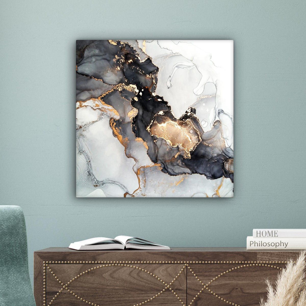 LEINWANDBILD Marmor - Schwarz - Weiß - Gold - Luxus - Abstrakt Wandbild Wohnzimmer 50x50 cm - Goldfarben, Textil (50/50cm) - MuchoWow