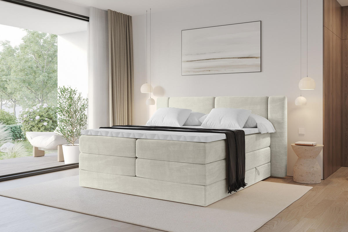 BOXSPRINGBETT mit Matratze H3/H4 - EVON KING - 140x200 cm Creme - Creme, Holzwerkstoff (140/200cm) - ALTDECOR