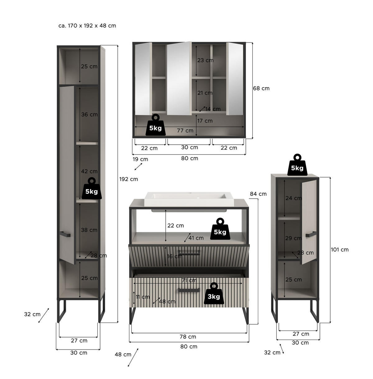 BADKOMBINATION Bagno 170x192x48 cm Kaschmir Schwarz 4tlg. - Kaschmir, Holzwerkstoff (170/192/48cm)