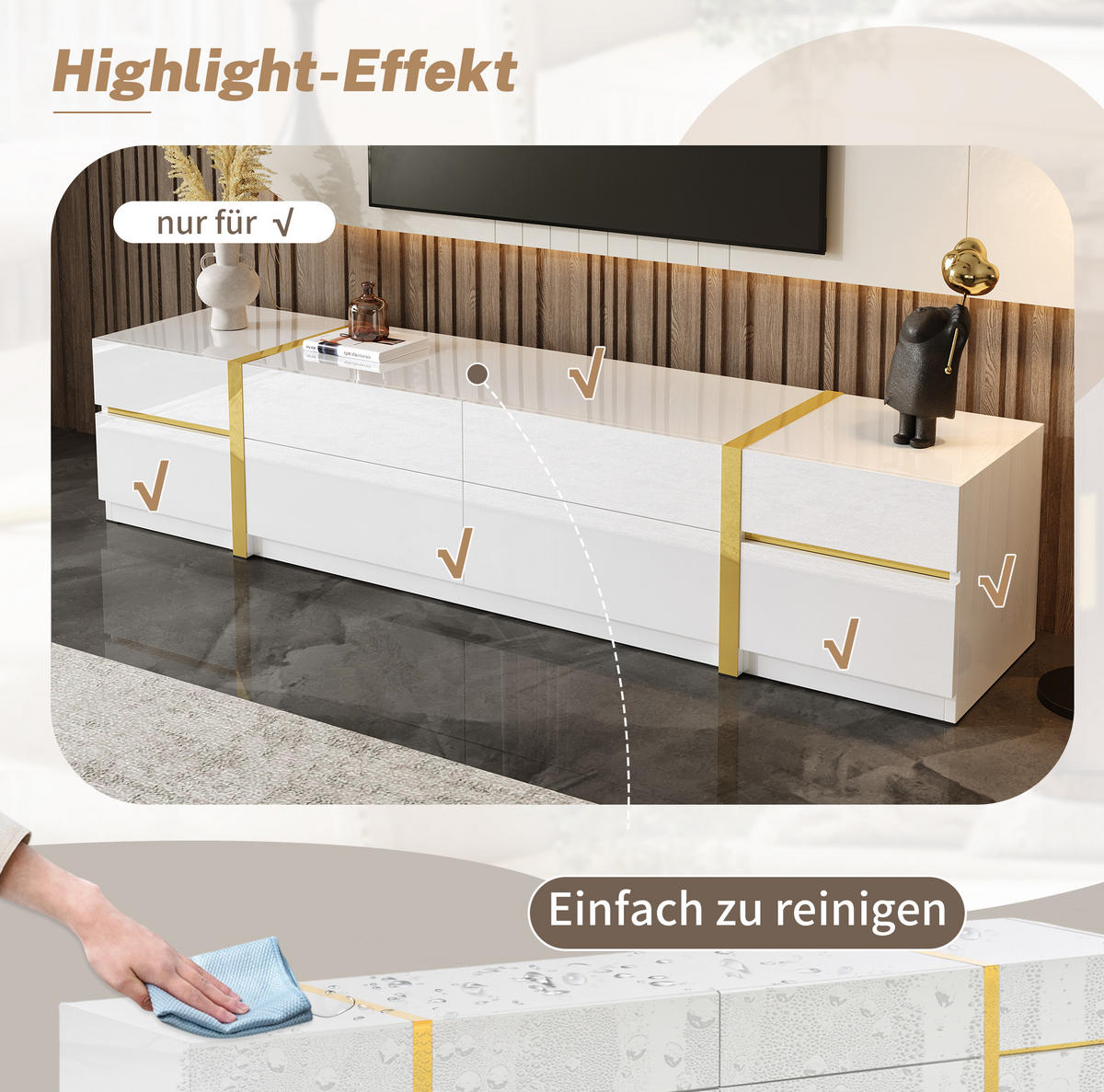 LOWBOARD 180/40/38 cm aus MDF mit Hochglanzoberfläche und goldfarbenen Akzenten Weiß - Weiß, Holzwerkstoff (180/38/40cm) - Modenvie