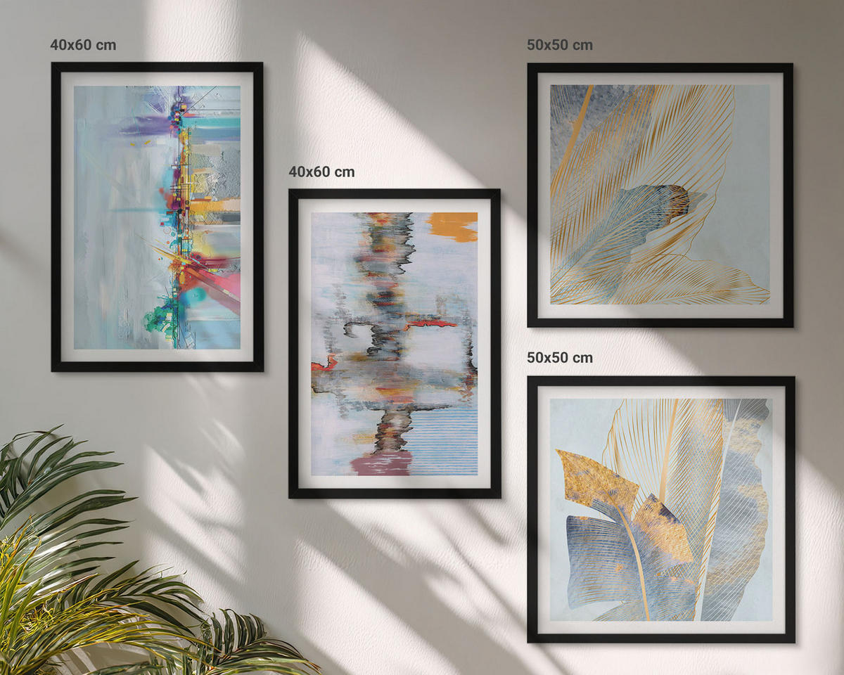 BILDER SET 4er Set - 50x50 cm & 40x60 cm Schwarzer Rahmen - Abstrakte Gemäldekompositionen - Schwarz, Kunststoff (50/50cm) - TULUP