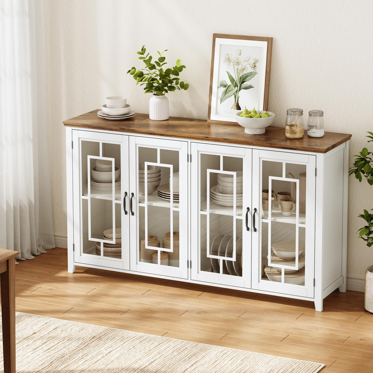 GESCHIRRSCHRANK 160 cm MDF Weiß mit Glastüren und Holzoptik-Arbeitsplatte - Weiß, Holzwerkstoff (40/86/160cm) - Korfee
