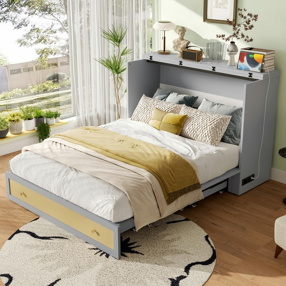 SCHRANKBETT 140x200cm Grau Schubladen Regal USB Steckdose mobiles Bett - Grau, Holz (140/200cm) - FLIEKS