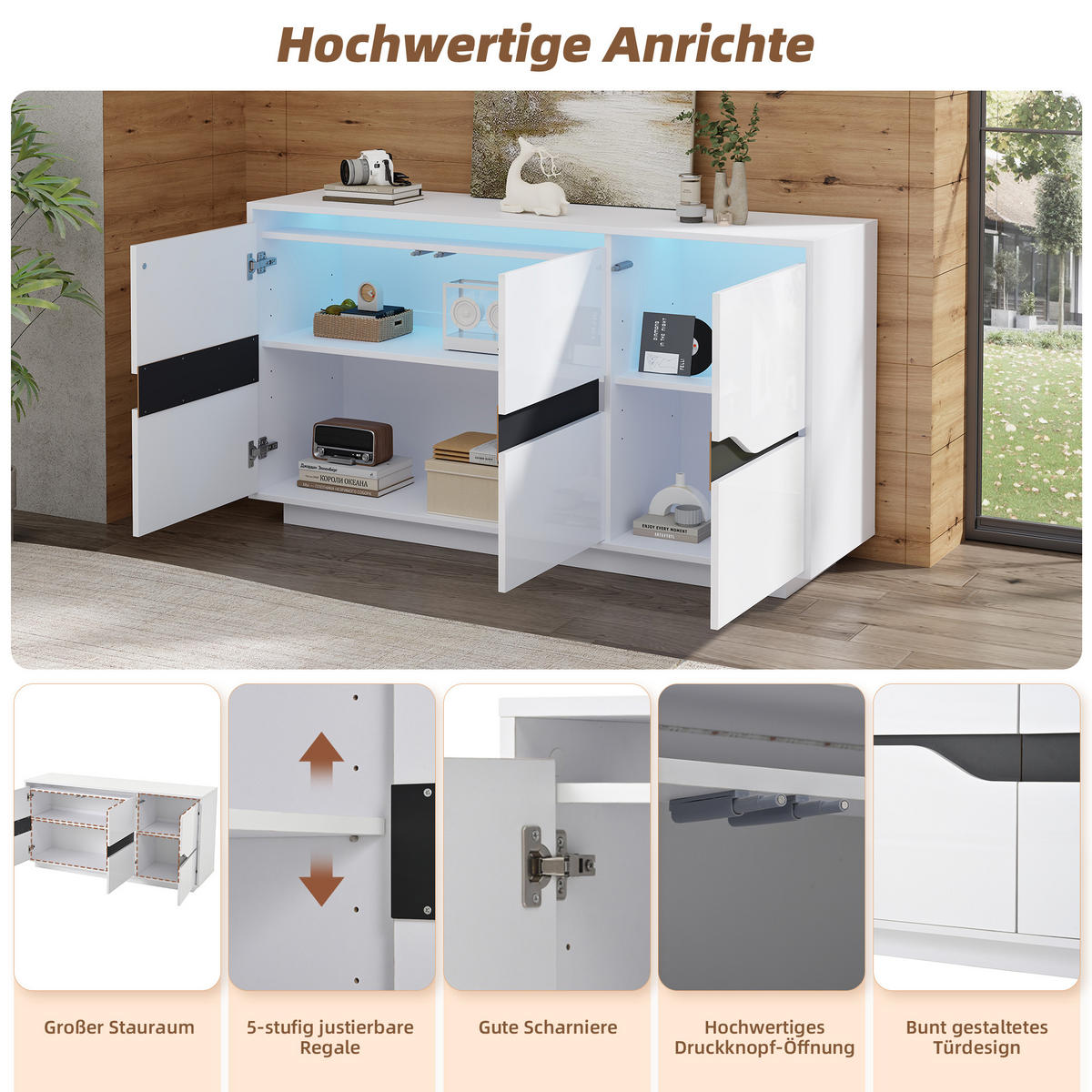 SIDEBOARD LED Weiß Schwarz 3 Türen 140x40x70cm Hochglanz Stauraum - Weiß, Holzwerkstoff (40/70/140cm) - FLIEKS