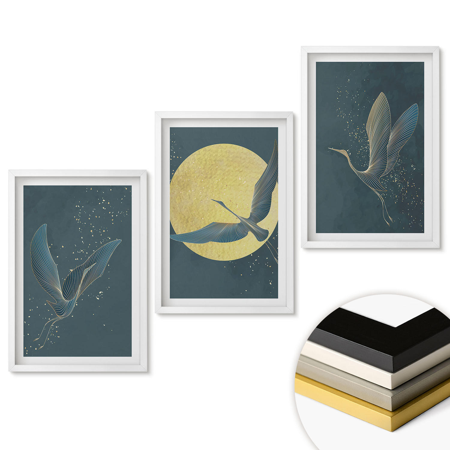 WANDBILDER 3er-Set - 40x60 cm Weißer Rahmen - Kraniche im Flug bei Nacht - Weiß, Kunststoff (40/60cm) - ArtPrintCave
