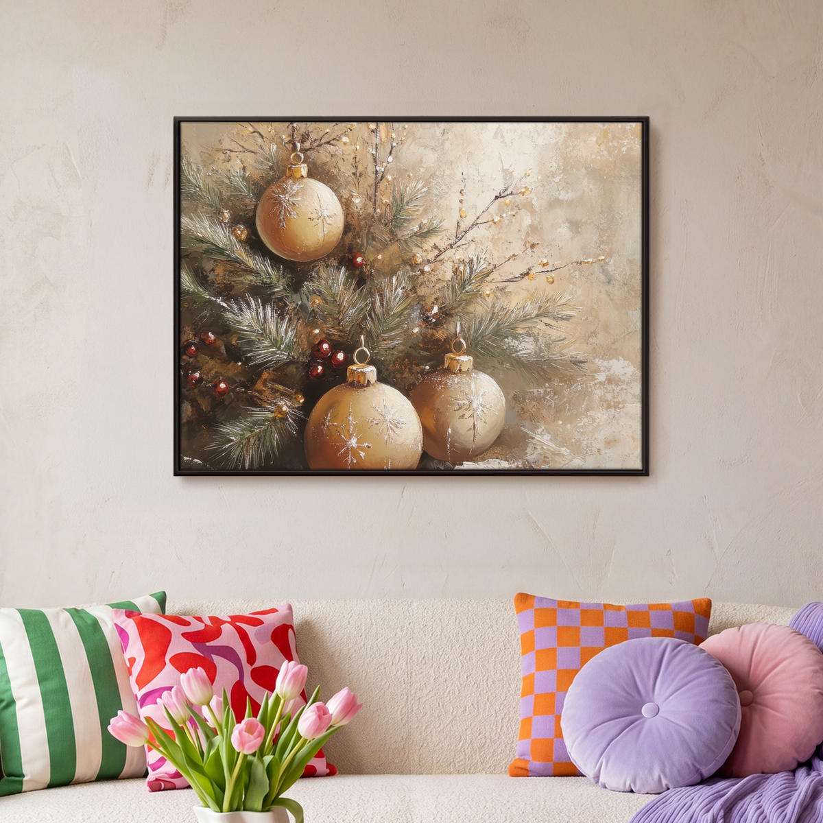 LEINWAND Bilder mit Rahmen - Weihnachten - Kugeln - Beige - Gold - 80x60 - Goldfarben, Textil (80/60cm) - MuchoWow