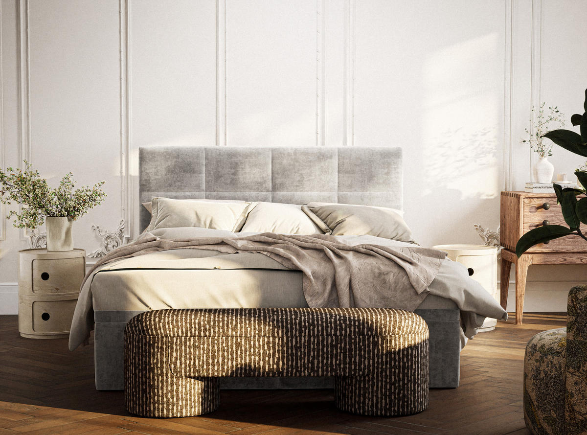 BOXBETT 180/200 cm Umage, in Beige, Matratze, gepolstertes Kopfteil, Bettkasten, H3 = fest - Beige/Schwarz, Holz/Holzwerkstoff (180/200cm) - Maison de Reve