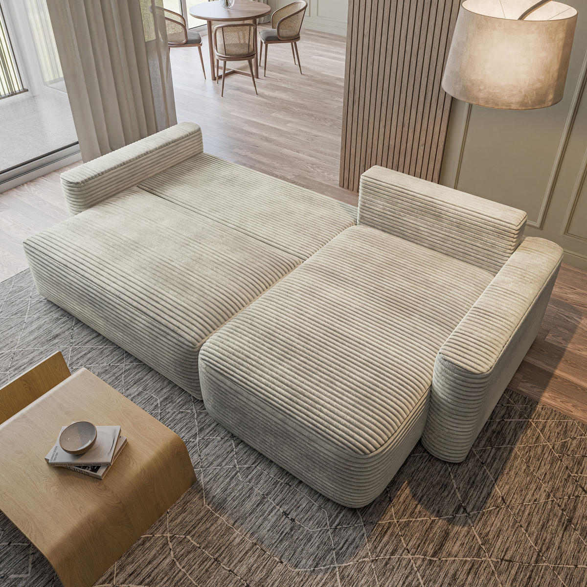 ECKSOFA NERI T Hellgrau Kordstoff mit Schlaffunktion - Hellgrau, Holzwerkstoff/Textil (280/157cm) - MASSENO