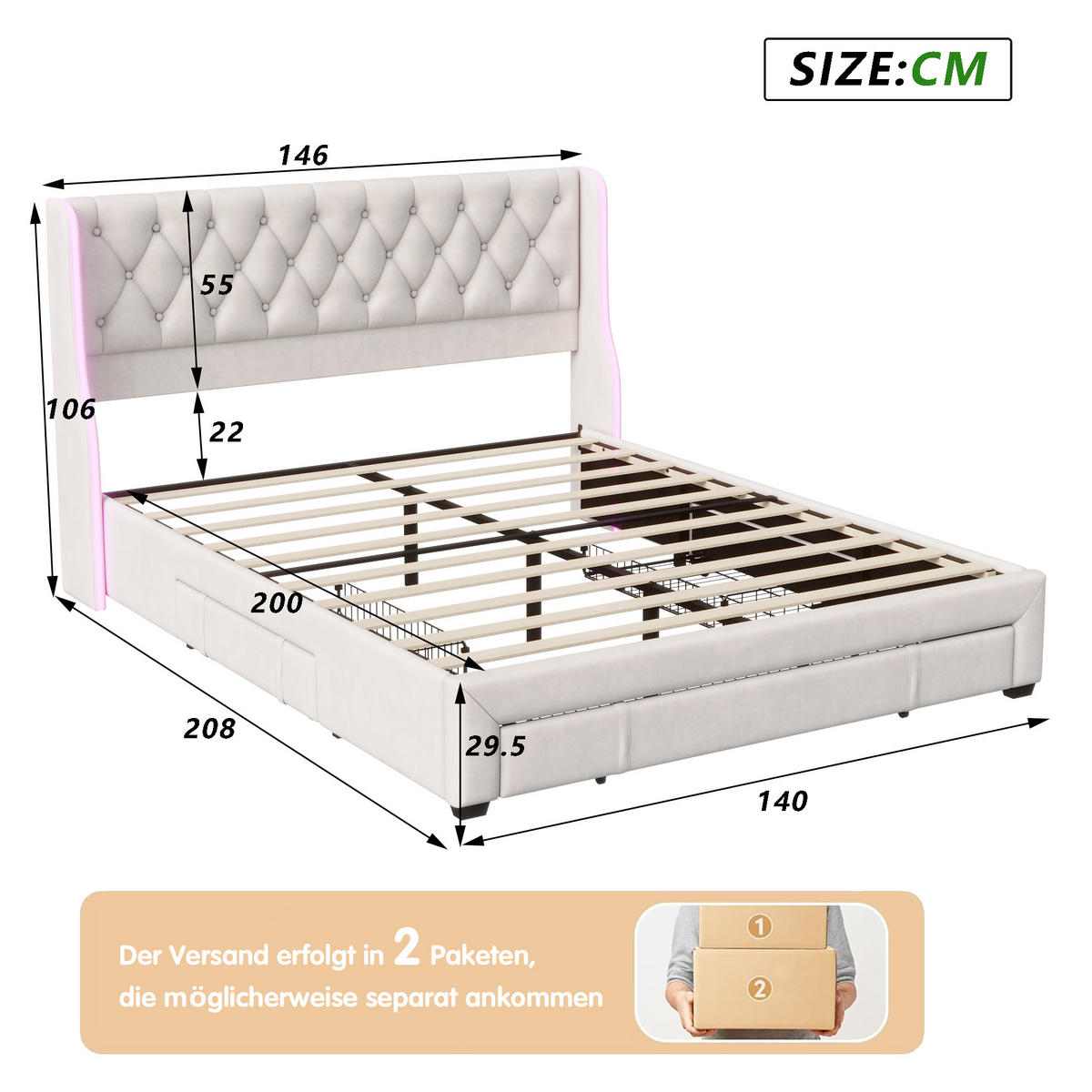 POLSTERBETT 140x200 cm, Beige, LED-Beleuchtung und 3 Schubladen - Beige, Textil/Metall (140/200cm)