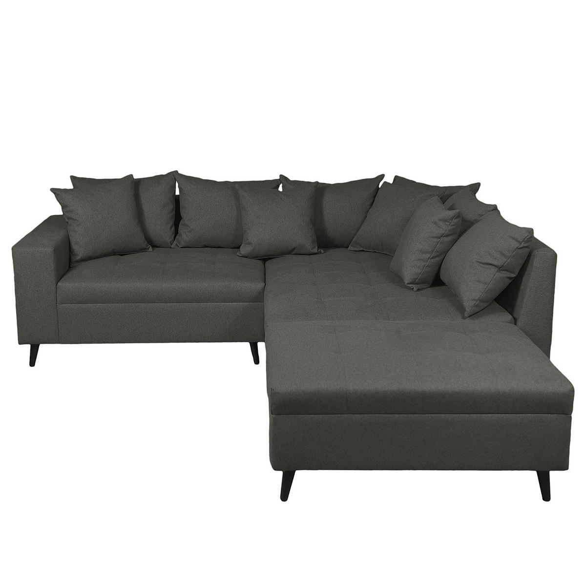 ECKSOFA mit Ottomane und Hocker - Dunkelgrau/Schwarz, Birkenholz/Textil (247/174cm) - home24