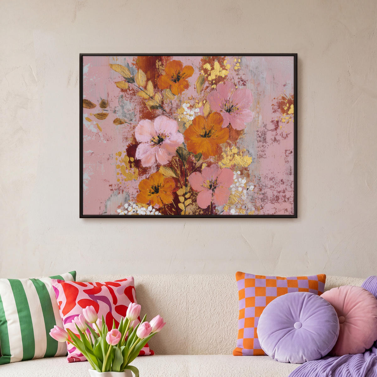 LEINWAND Bilder mit Rahmen - Malerei - Blumen - Rustikal - Rosa - 80x60 - Altrosa, Textil (80/60cm) - MuchoWow
