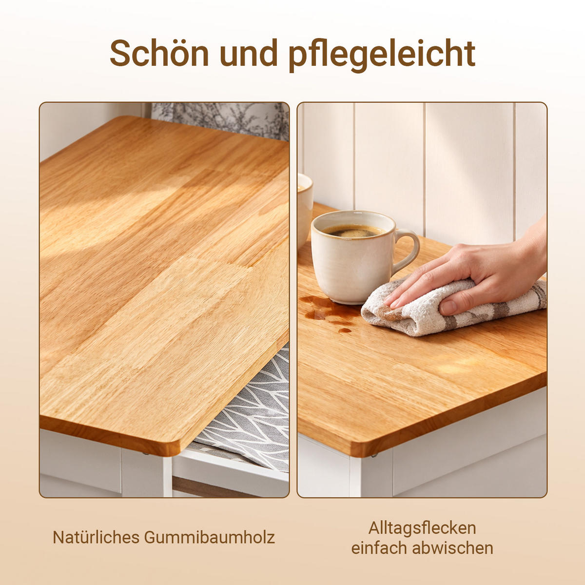 KÜCHENWAGEN, 67x86x38 cm, weiß mit Gummibaumholz-Platte, 360°-Rollen mit Bremse, Weinregal & Schublade, Küche/Esszimmer/Balkon - Weiß, Holzwerkstoff (67/87/38cm) - SoBuy