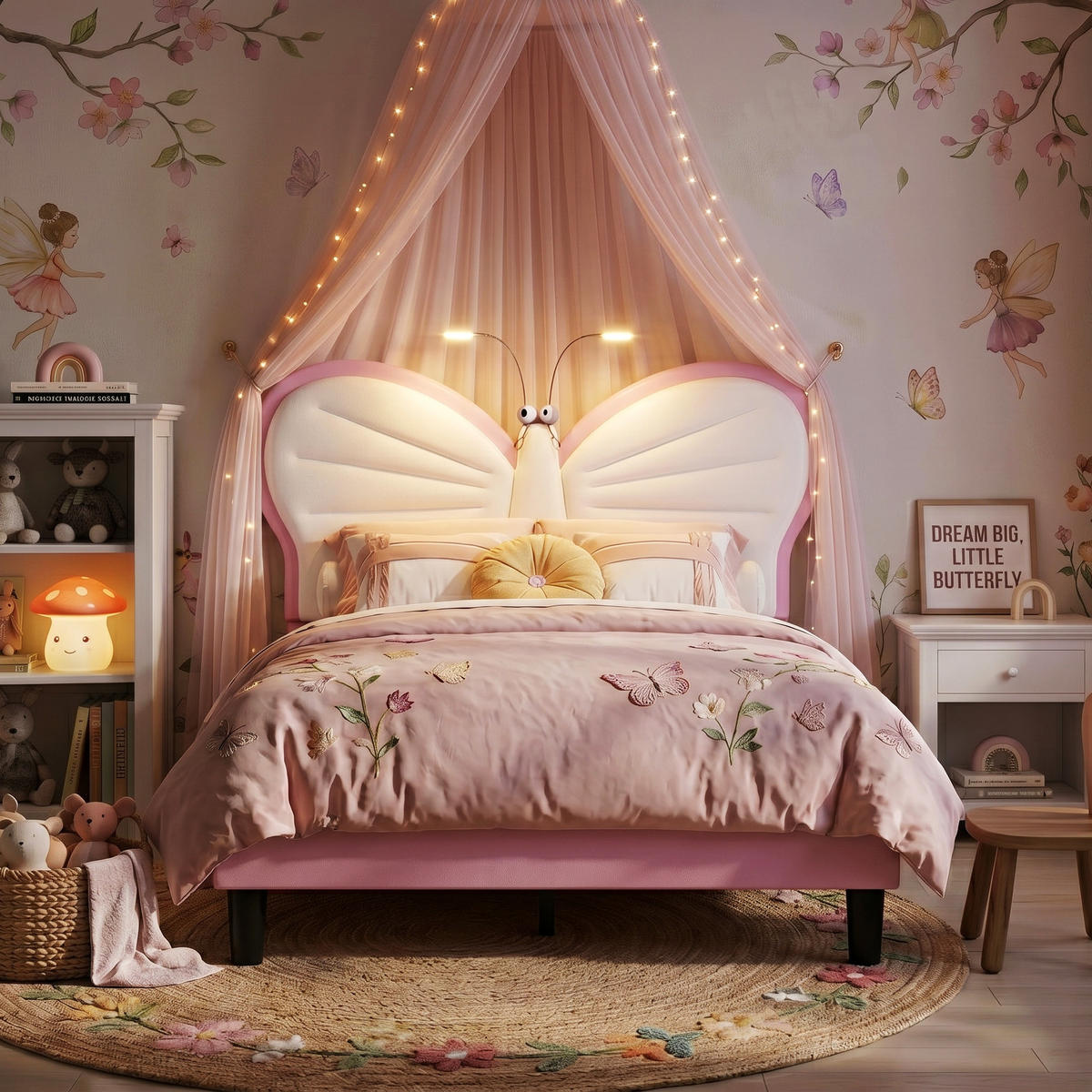 KINDERBETT Schmetterling mit LED-Leselampen 90/200 cm Samt Rosa - Pink, Textil (90/200cm) - Creahappy