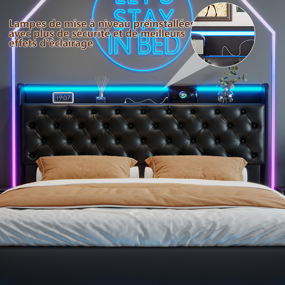 POLSTERBETT 140x200 cm LED USB Stauraum Lattenrost PU Leder schwarz - Schwarz, Holz (140/200cm) - LEBENLANG