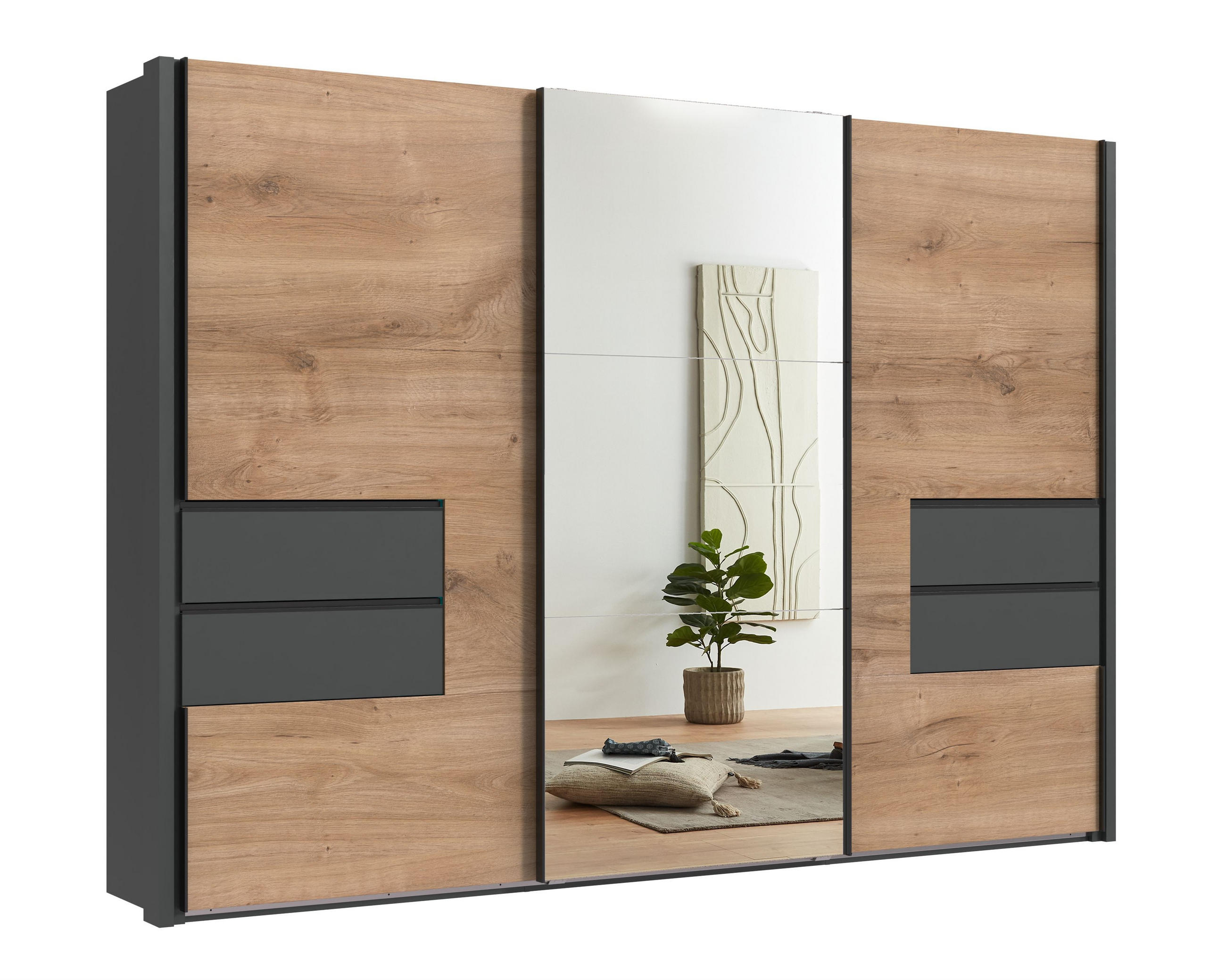 SCHWEBETÜRENSCHRANK B312/H216/T65 cm, Korpus+ Passepartout+Schubladen Grafit, Türen eichefarben / Spiegel, inkl. Vollausstattung / 22064 - Eichefarben/Schwarz, Holzwerkstoff/Metall (312/216/65cm) - luma-home