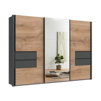 SCHWEBETÜRENSCHRANK B312/H216/T65 cm, Korpus+ Passepartout+Schubladen Grafit, Türen eichefarben / Spiegel, inkl. Vollausstattung / 22064 - Eichefarben/Schwarz, Holzwerkstoff/Metall (312/216/65cm) - luma-home