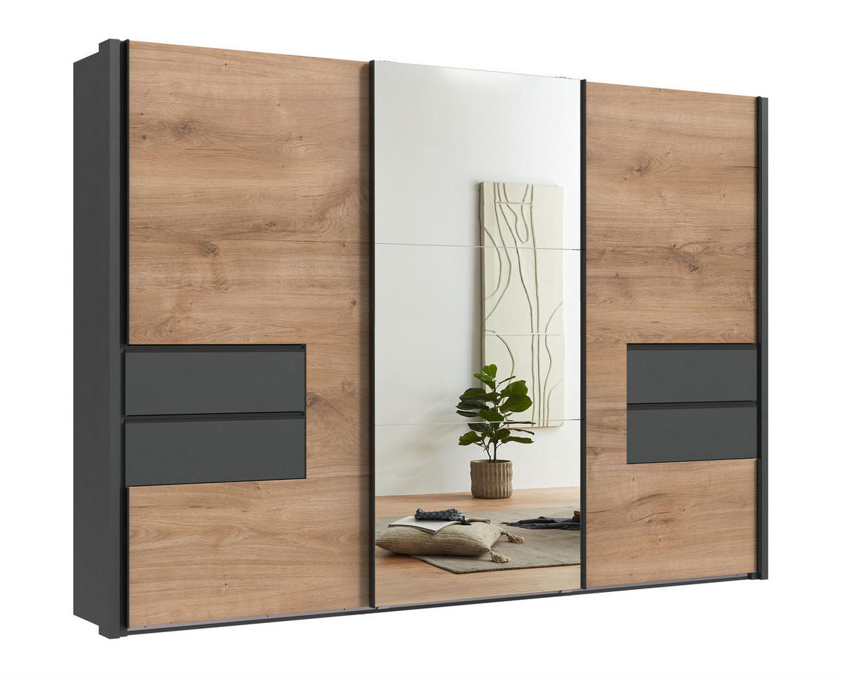 SCHWEBETÜRENSCHRANK B312/H216/T65 cm, Korpus+ Passepartout+Schubladen Grafit, Türen eichefarben / Spiegel, inkl. Vollausstattung / 22064 - Eichefarben/Schwarz, Holzwerkstoff/Metall (312/216/65cm) - luma-home