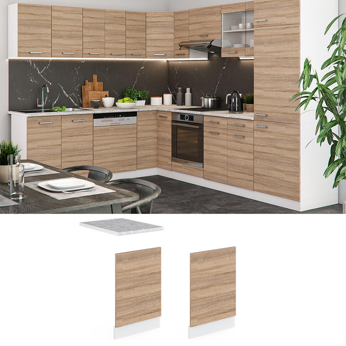 FRONTBLENDE R-Line Sonoma 45 cm, AP Marmor - Weiß/Sonoma Eiche, Holzwerkstoff (45/57.2/1.6cm) - Vicco