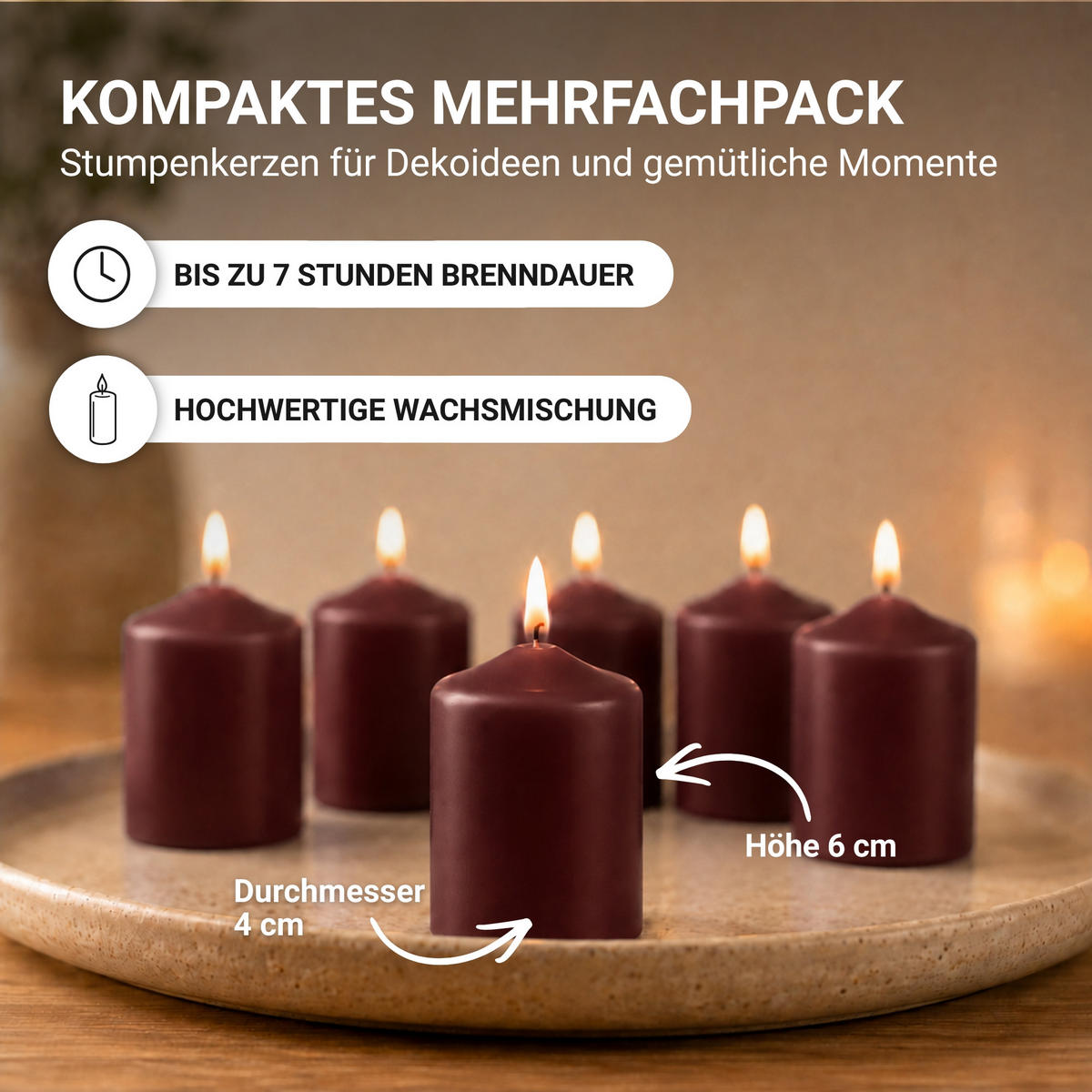 STUMPENKERZEN Ø4xH6 cm Braun 12er-Pack - Braun, Naturmaterialien (4/6cm)