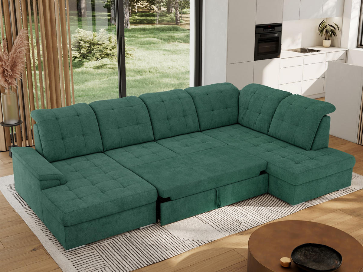WOHNLANDSCHAFT MADRITO U - Grün Struktur - Rechts - Silberfarben/Grün, Textil/Metall (323/89/204cm) - MKS