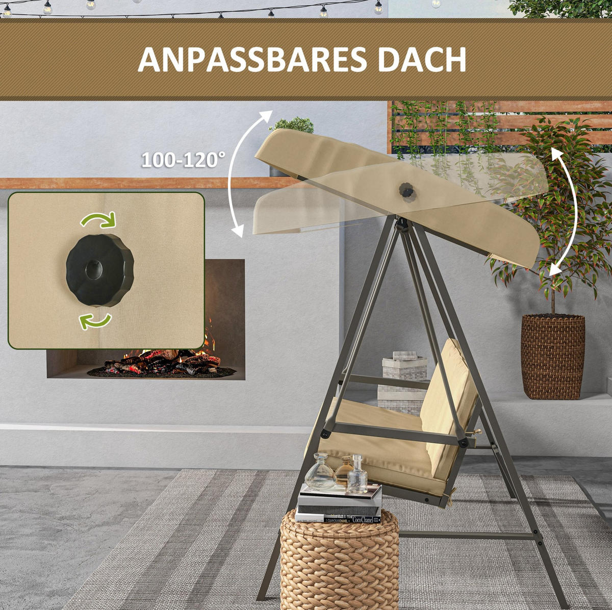 HOLLYWOODSCHAUKEL 3-Sitzer mit kippbarem Sonnendach und Polsterung, Beige - Beige, Textil (125/175/200cm) - Redom