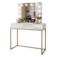SCHMINKTISCH BLANCO GOLD ELITE mit Spiegel und Beleuchtung Weiß Hochglanz PUSH OPEN - Weiß Hochglanz/Goldfarben, Holzwerkstoff (100/146/42cm) - Lookway