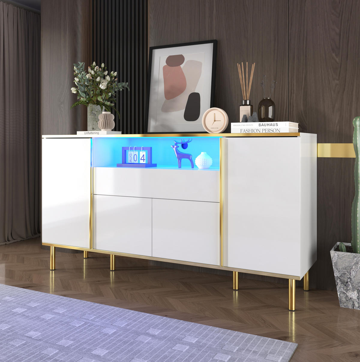 SIDEBOARD mit LED 150x40x80 cm Weiß Hochglanz - Weiß, Holzwerkstoff (150/80/40cm) - Meubliv
