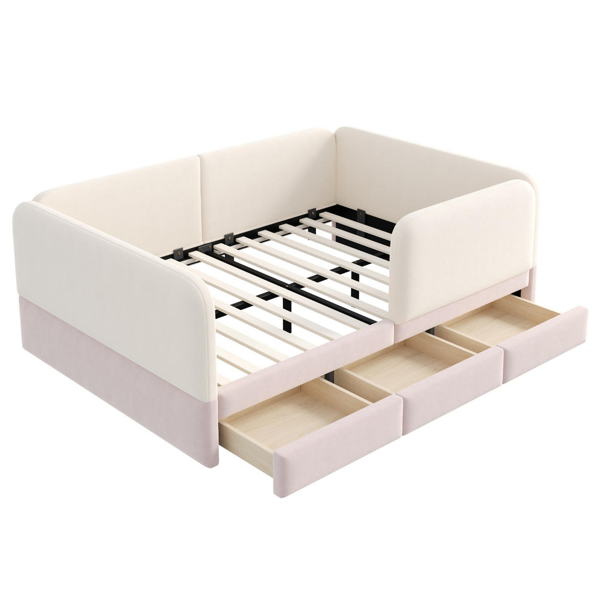 BETT 140/200 cm in Beige/Rosa mit Samtbezug und 3 Schubladen - Beige, Textil (140/200cm) - Flora Grace