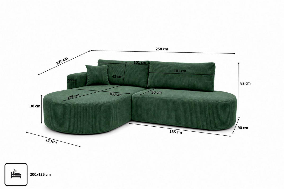 ECKSOFA Mit Schlaffunktion Und Bettkasten, Cordstoff Poso, Grün, Links, ROUND ONE OPEN XL - Grün, Holz (258/175cm) - Kaiser Möbel