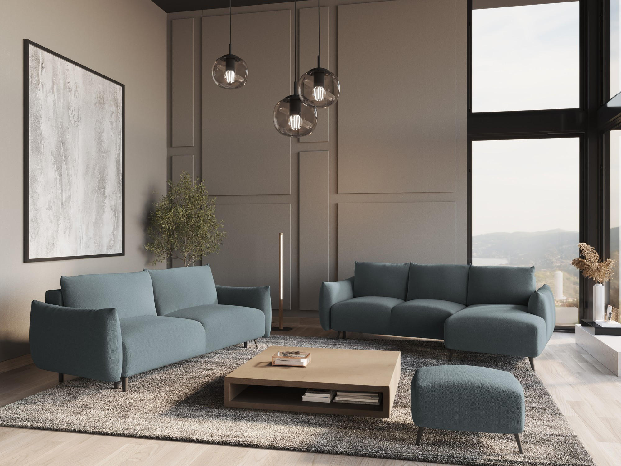 WOHNLANDSCHAFT Chenille Stoff Blau - Blau/Blaugrau, Textil/Metall (317/86/162cm) - Makamii