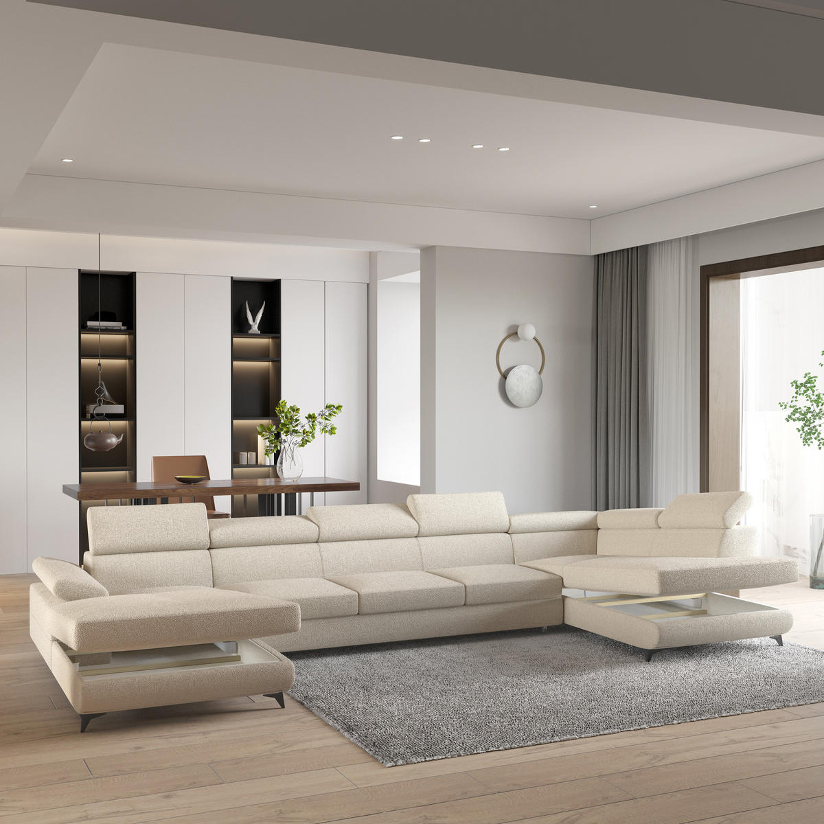 WOHNLANDSCHAFT MONTIVA Creme Boucle-Stoff mit Schlaffunktion - Creme, Holz (410/89/190cm) - MASSENO