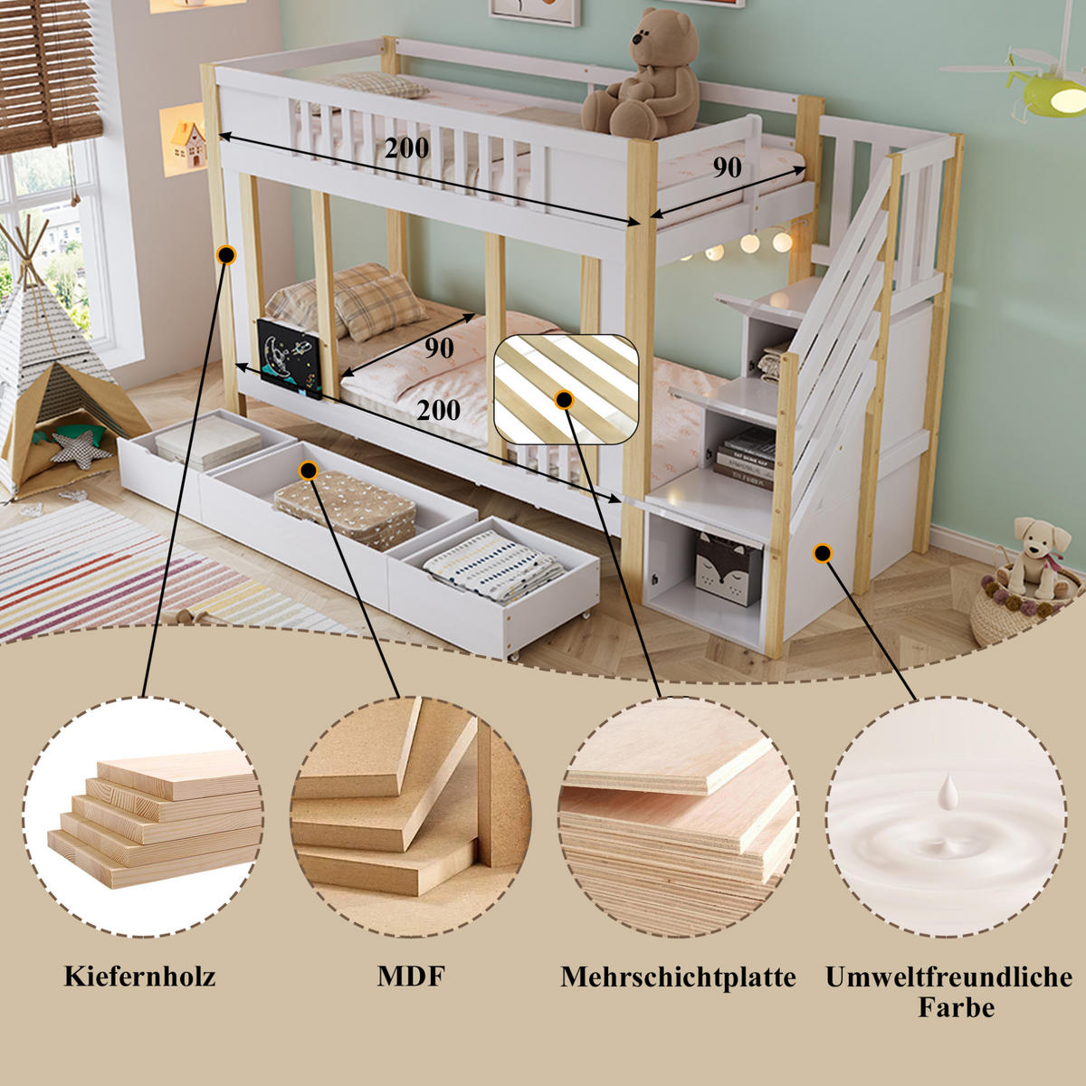 POSCHODOVÁ posteľ 90/200 cm biela/prírodná s úložnými schodmi a zásuvkami z borovice a MDF - biela, kompozitné drevo (90/200cm) - OKWISH