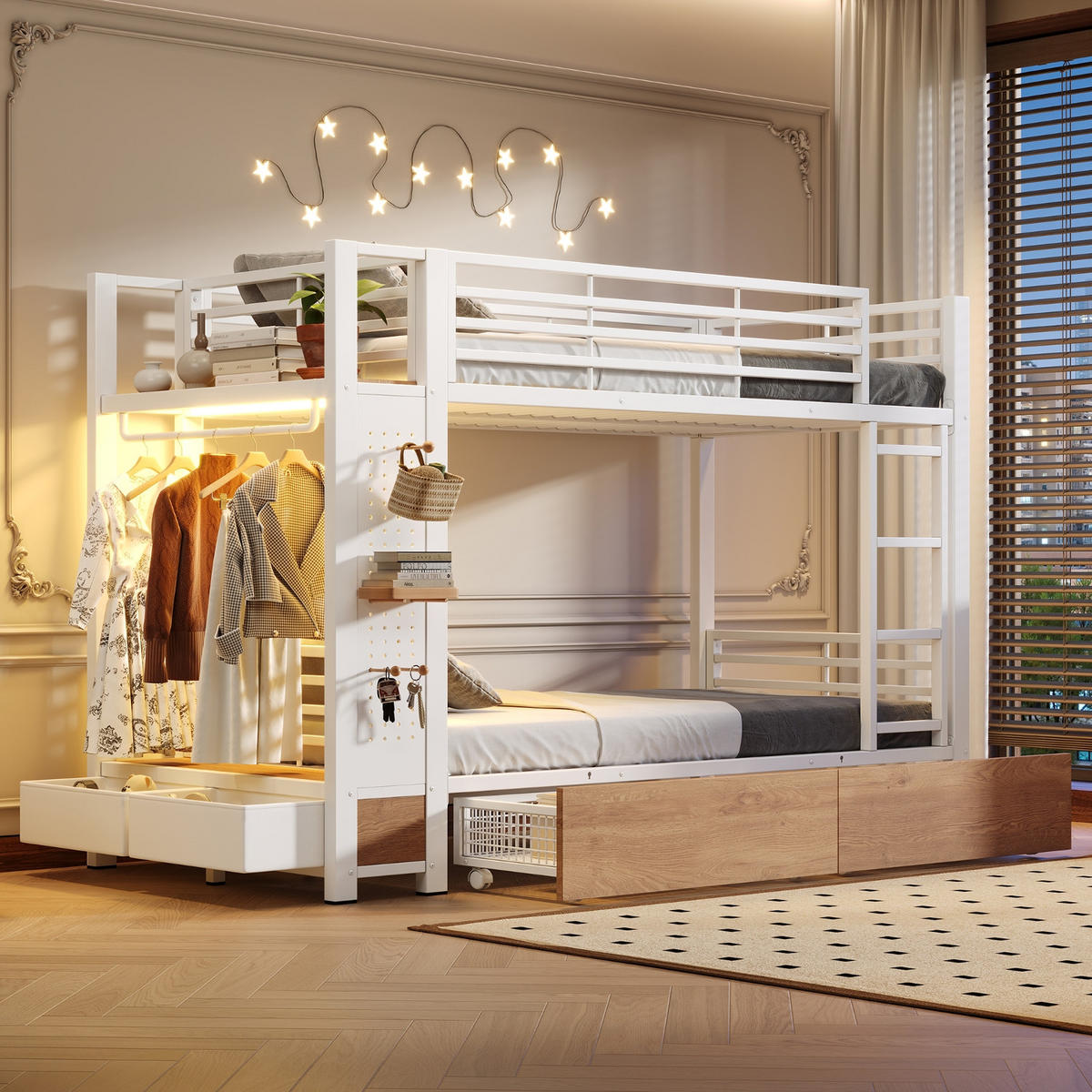 ETAGENBETT 90/200 cm Weiß mit 4 Schubladen, LED-Lichtleiste und Kleiderstange - Weiß, Metall (90/200cm) - Oxeza