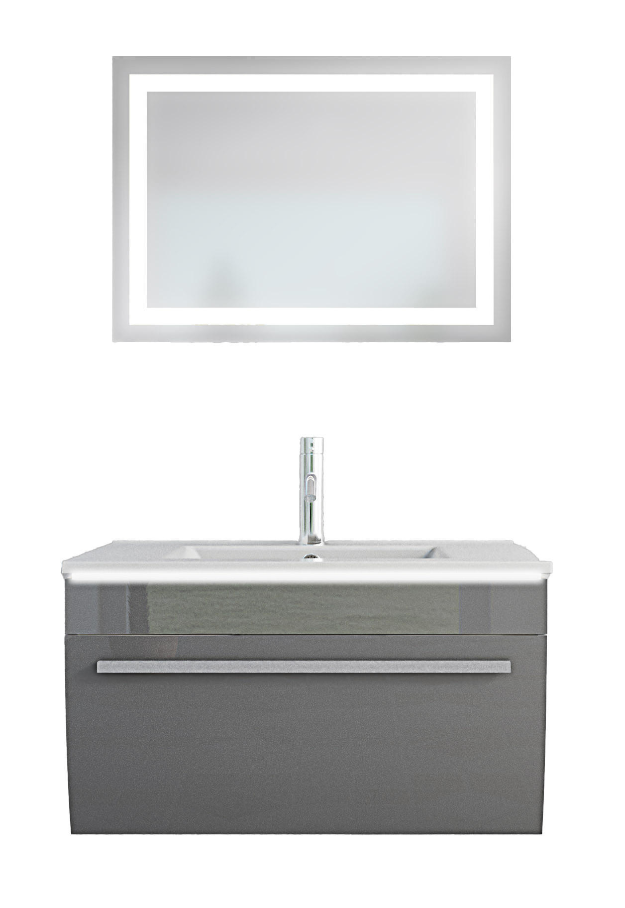 BADMÖBEL Gently 3 V1 Weiß/Grau 70cm + Leuchtspiegel LSP03 beheizt - Grau, Glas/Kunststoff (46/52/60cm) - AcquaVapore by Sandra Jentho