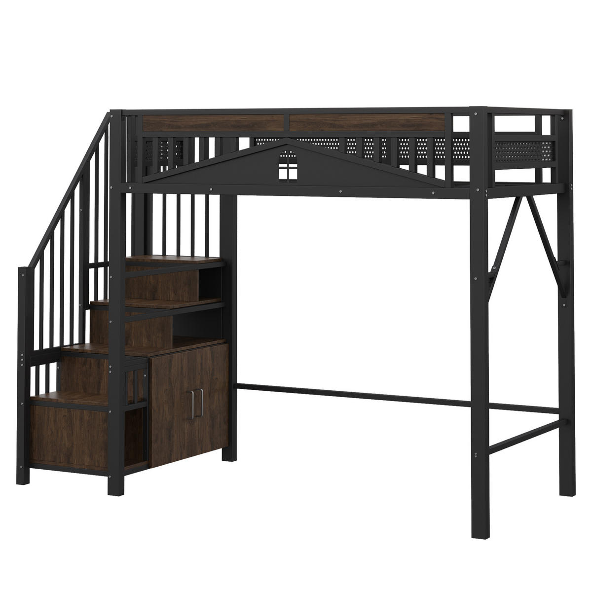 HOCHBETT aus Metall und Holz 90x200 cm Schwarz mit Stauraumtreppe, Schrank und Sicherheitszaun mit Fenster - Schwarz, Metall (90/200cm) - Modfu