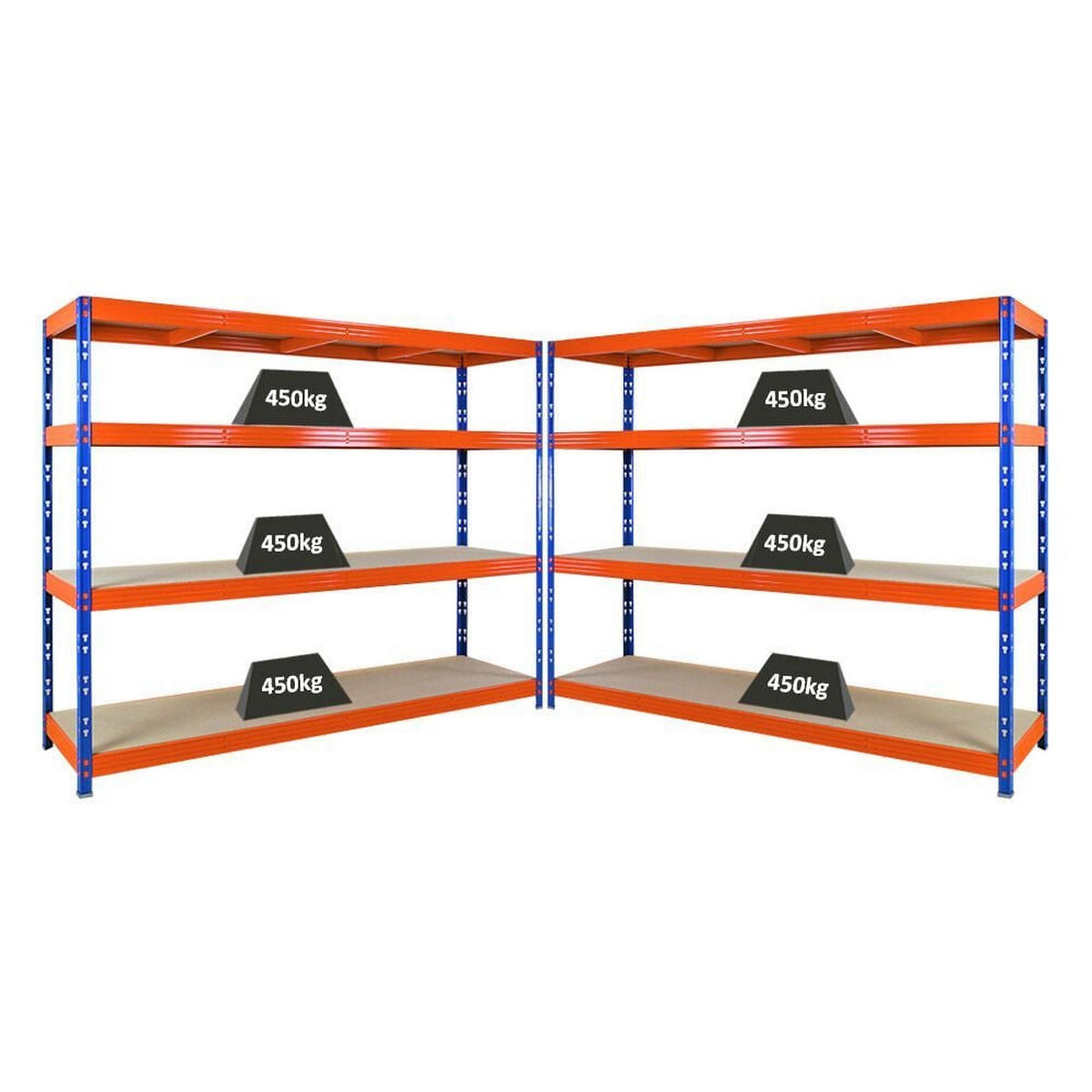 SCHWERLASTREGAL 2er-Set Rhino 180x240x60cm 4 Spanplatten-Ebenen 8mm Fachlast 450kg Blau/Orange - Orange, Metall (480/180/60cm) - PROREGAL