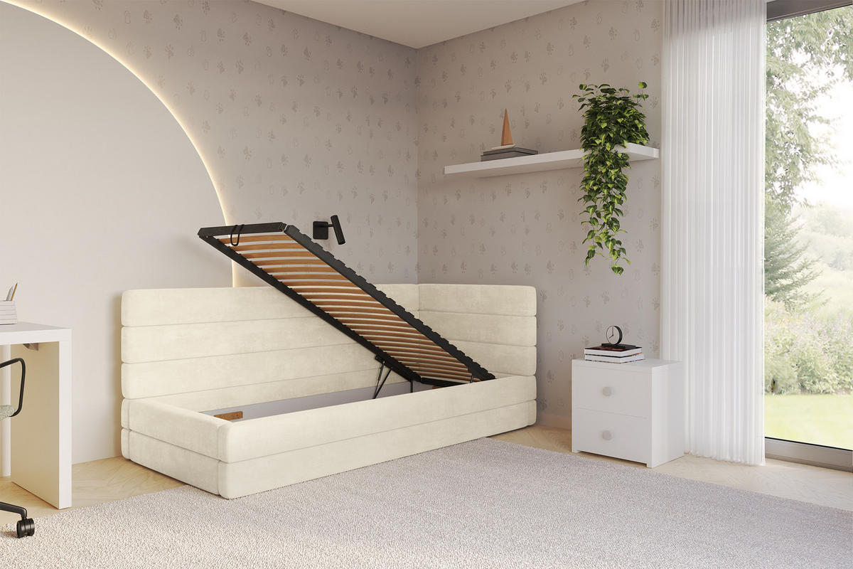 EINZELLBETT Jugendbett mit Bettkasten, Links - BEMY 90x200 Beige - Beige, Holzwerkstoff/Textil (90/200cm) - ALTDECOR