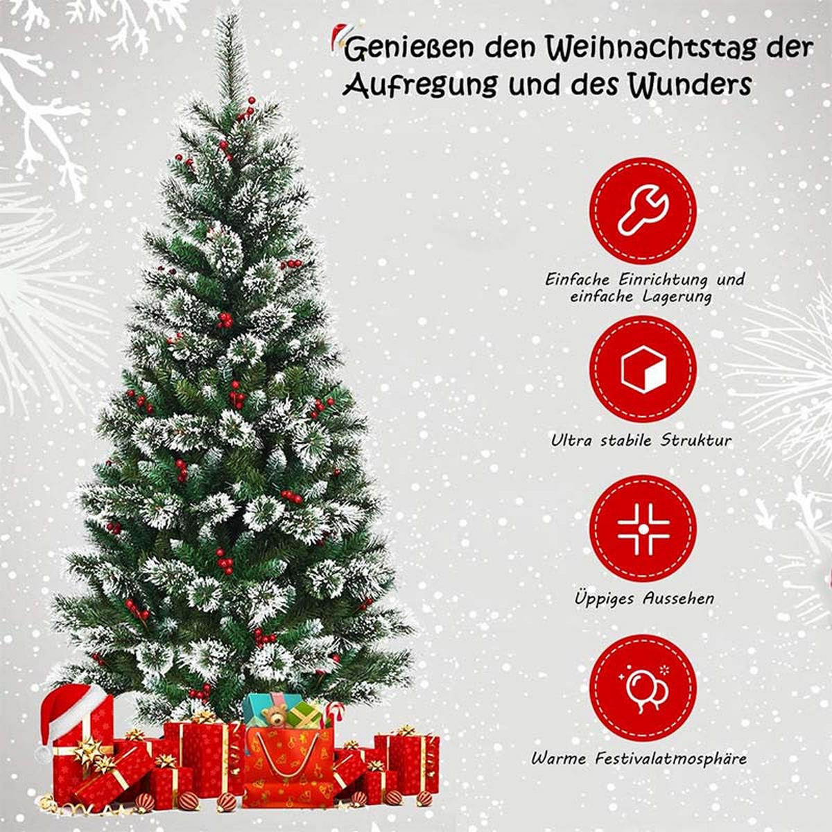 WEIHNACHTSBAUM mit roten Beeren 180cm Grün - Grün, Metall (180cm) - COSTWAY