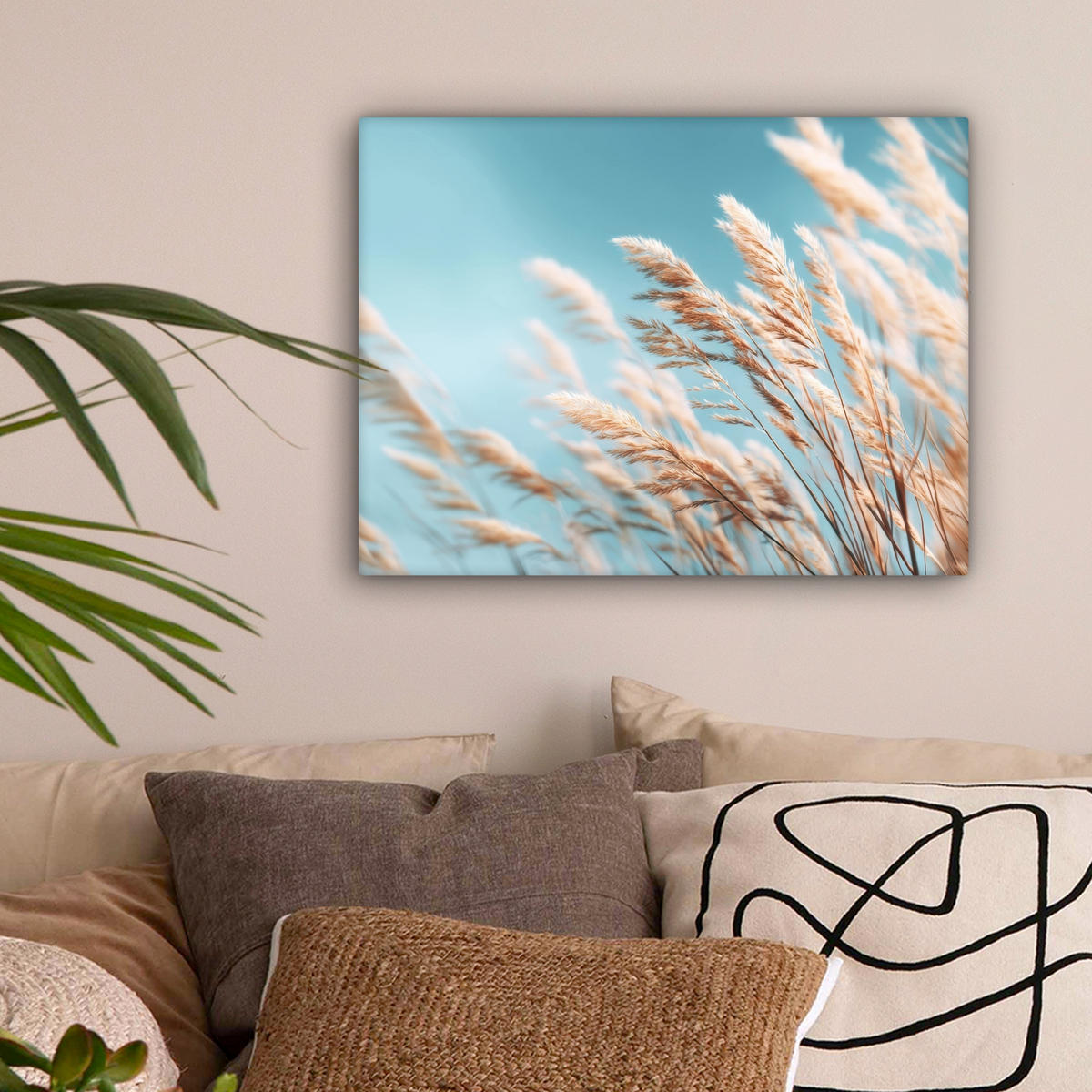 LEINWANDBILD Ziergras - Wind - Hellbraun Wandbild 40x30 cm - Hellblau, Textil (40/30cm) - MuchoWow