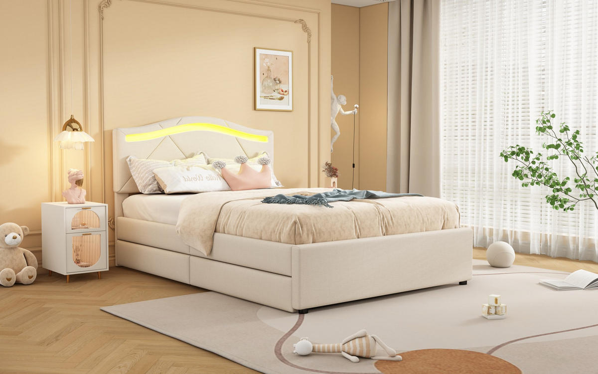 POLSTERBETT 90/200 cm Beige aus Leinen und MDF mit LED-Beleuchtung - Beige, Textil - OKMYHOME