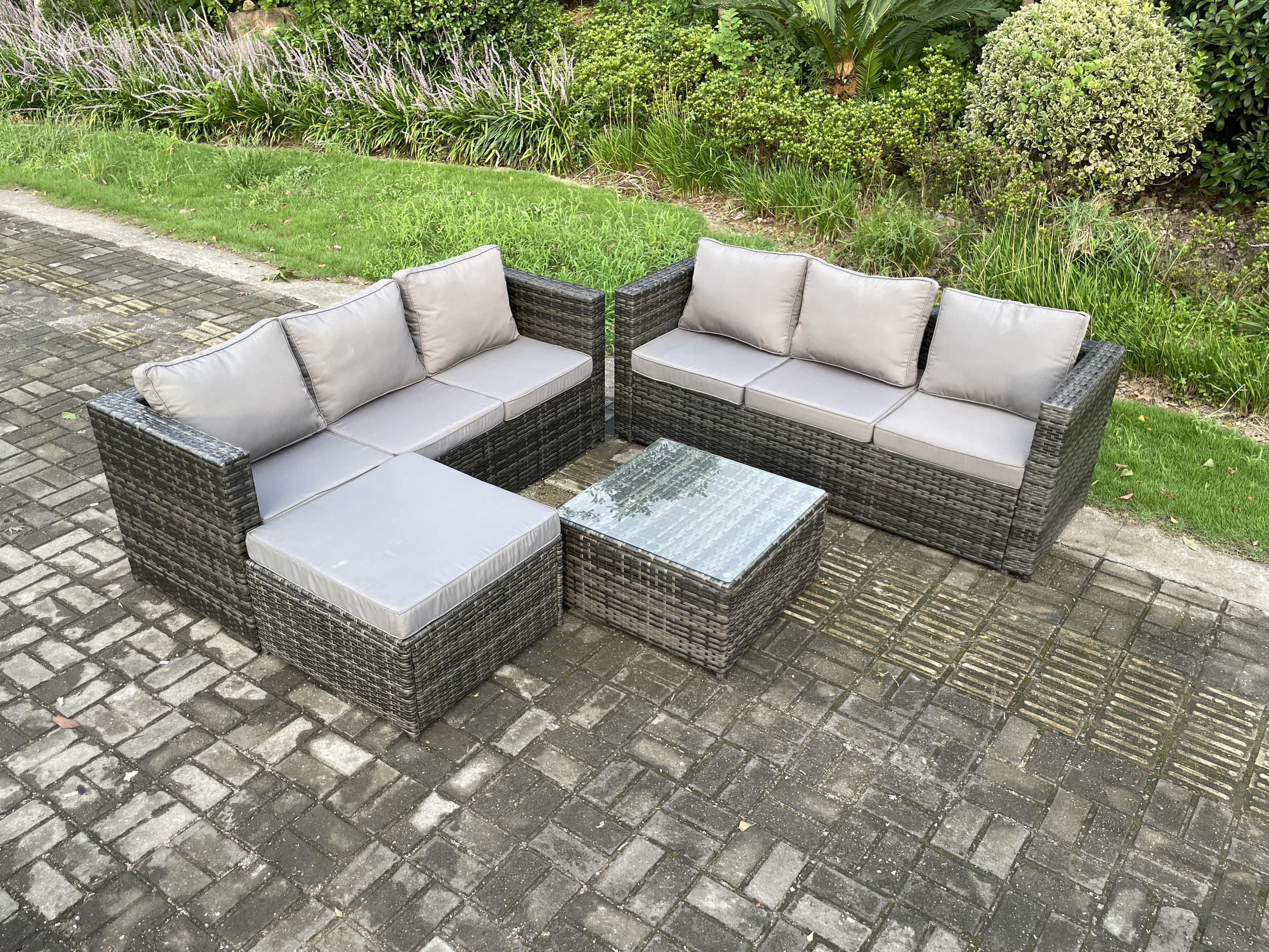 GARTENSET mit Couchtisch Polyrattan 7-Sitzer - Dunkelgrau, Metall - Fimous