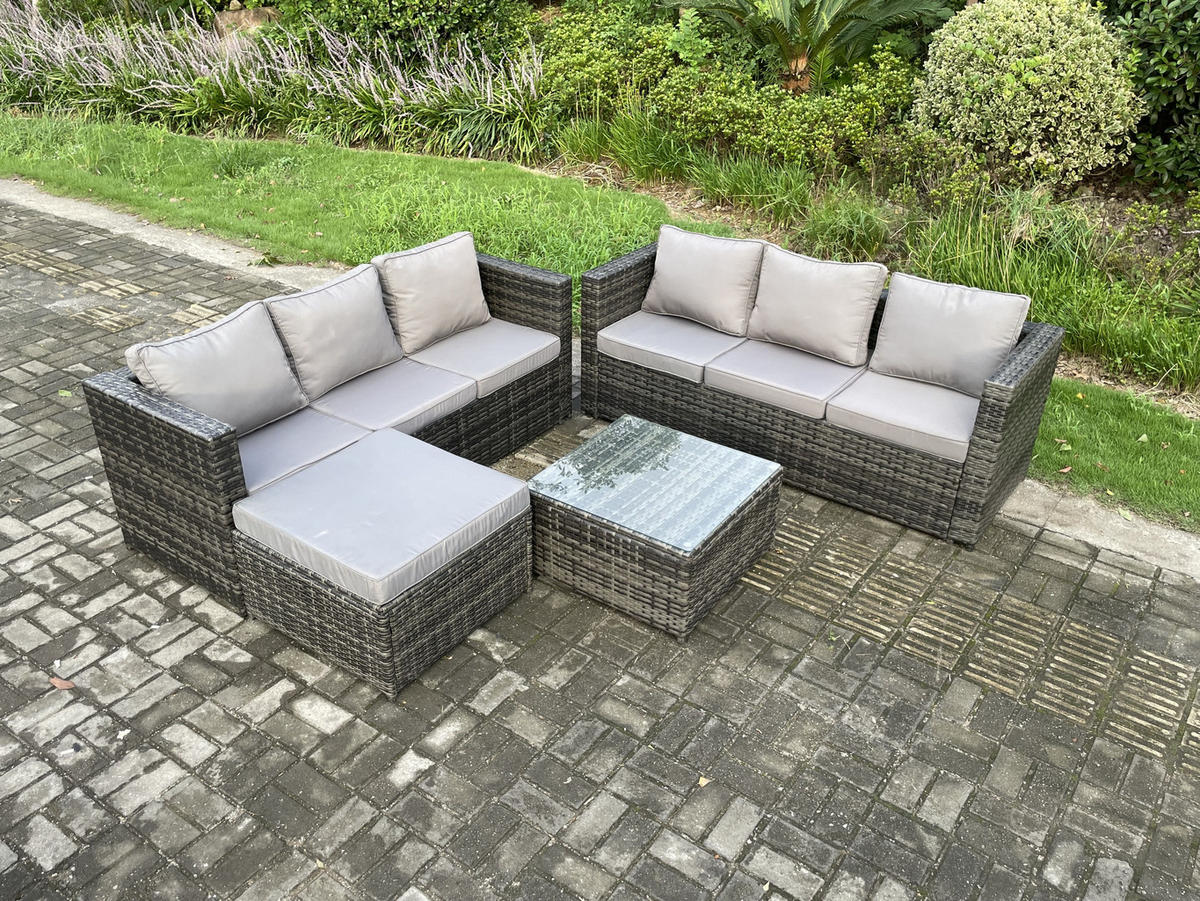 GARTENSET mit Couchtisch Polyrattan 7-Sitzer - Dunkelgrau, Metall - Fimous