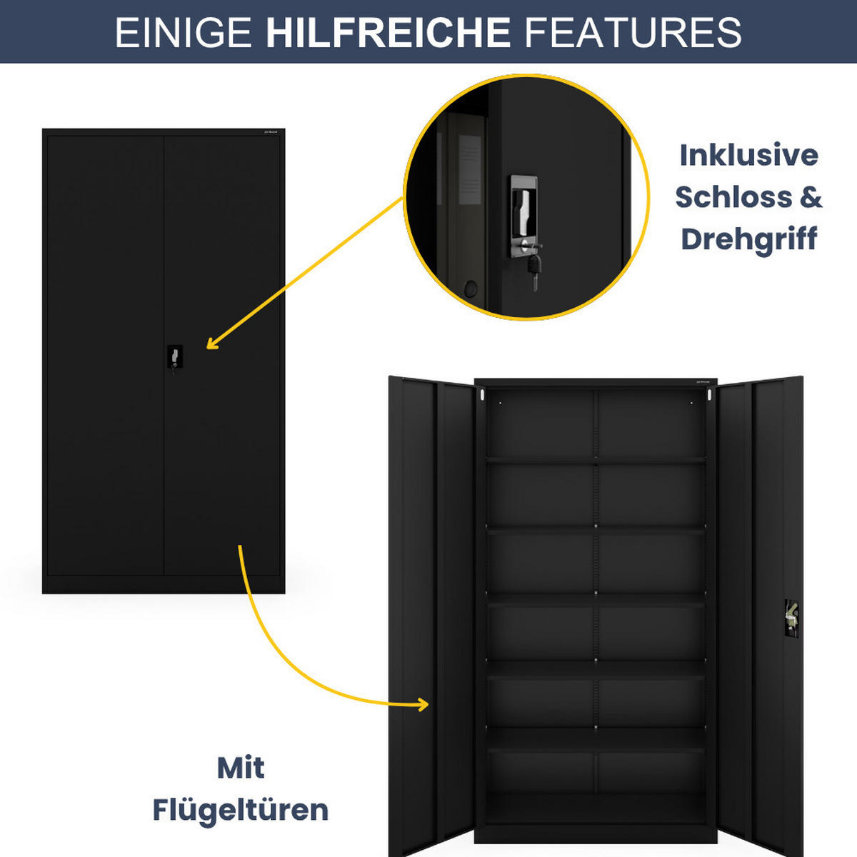 AKTENSCHRANK abschließbar KADO Flügeltüren 220x115x40cm Schwarz - Schwarz, Metall (115/220/40cm) - DELUKE