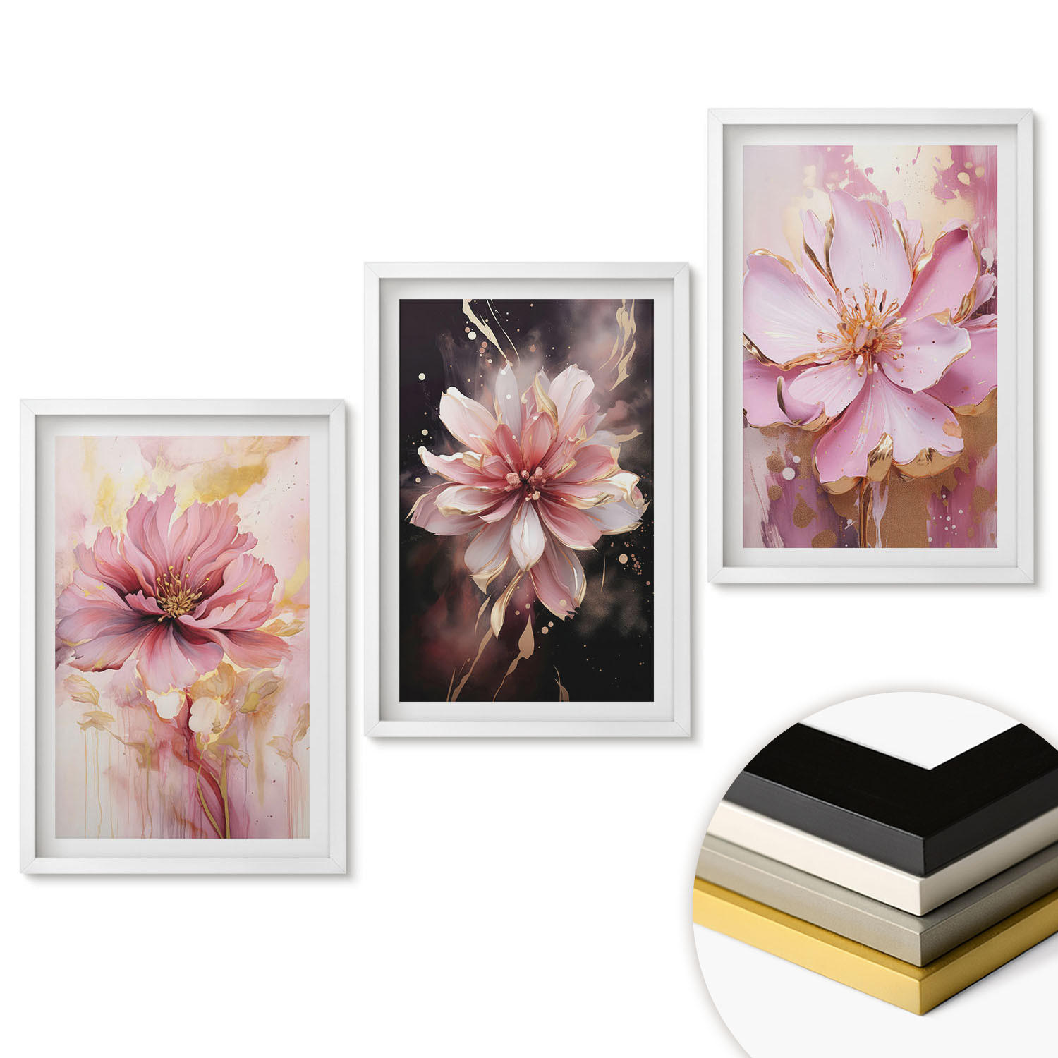 WANDBILDER 3er-Set - 40x60 cm Weißer Rahmen - Blumenkompositionen aus Rosen und Weiß - Weiß, Kunststoff (40/60cm) - ArtPrintCave