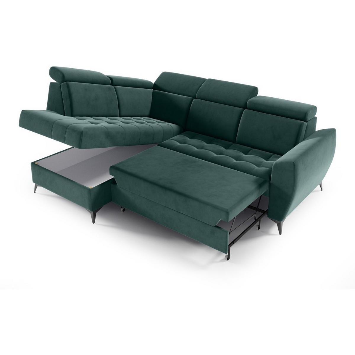 ECKSCHLAFSOFA Aurora II mit verstellbare Kopfstützen, Dunkelgrün, links - Dunkelgrün/Schwarz, Textil (266/204cm) - Beautysofa