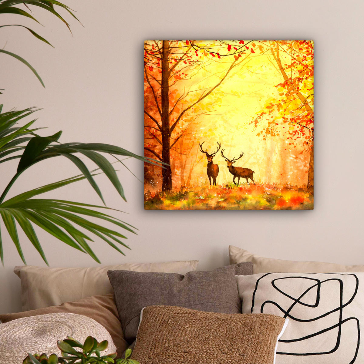 LEINWANDBILD Natur - Ölfarbe - Hirsche - Tiere - Herbst - Orange Wandbild Wohnzimmer 50x50 cm - Orange, Textil (50/50cm) - MuchoWow