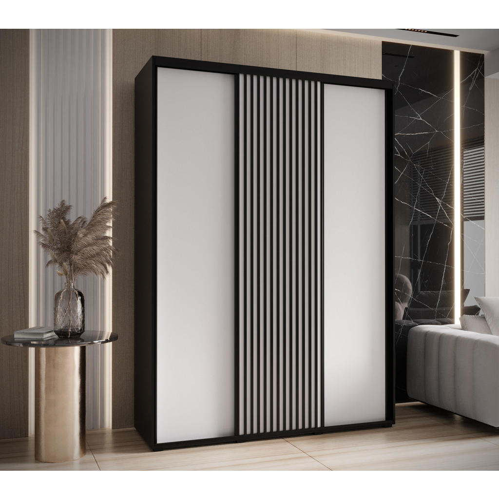 Thumbnail - Abiks Möbel Schwebetürenschrank, Schwarz, Weiß, Schwarz, Metall, Nachbildung, 6 Fächer, 180x235x60 cm, Schlafzimmer, Kle...
